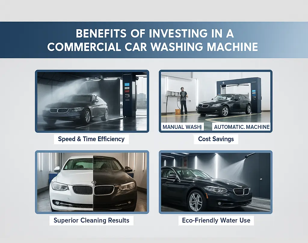 A clean and professional infographic showcasing the benefits of investing in Commercial Car Washing Machines, including speed and time efficiency, cost savings, superior cleaning results, eco-friendly water use, and a professional image.