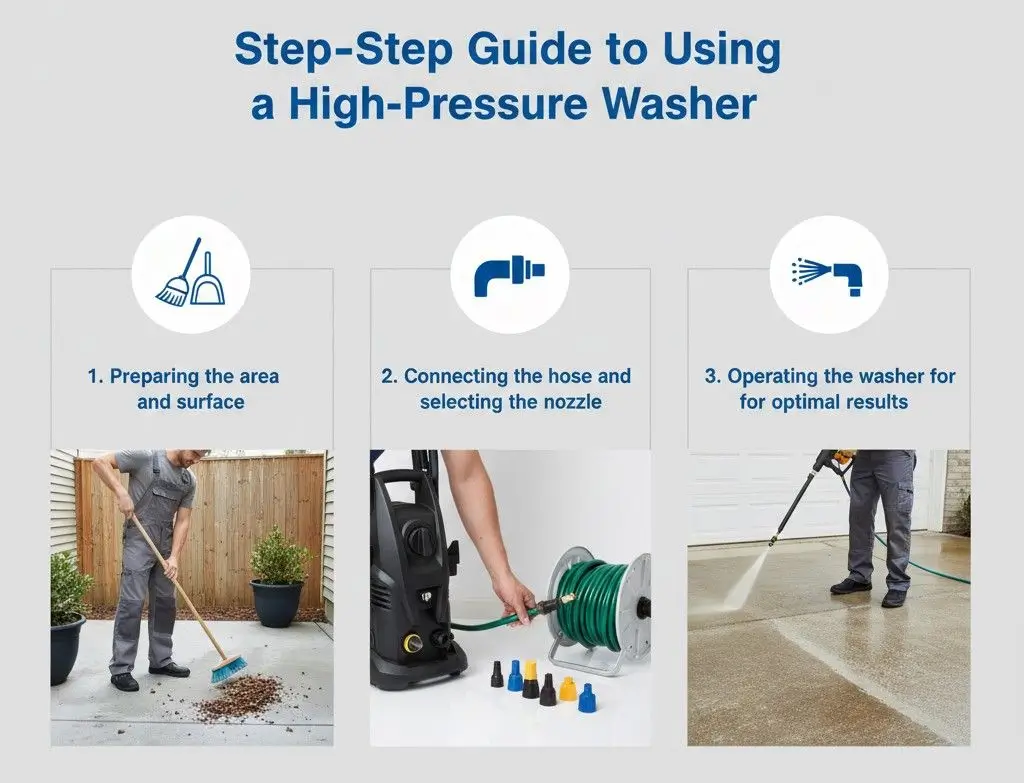 Infographic showing how to use a pressure washer step-by-step, including preparing the area, connecting the hose and nozzle, and operating the washer for optimal results.
