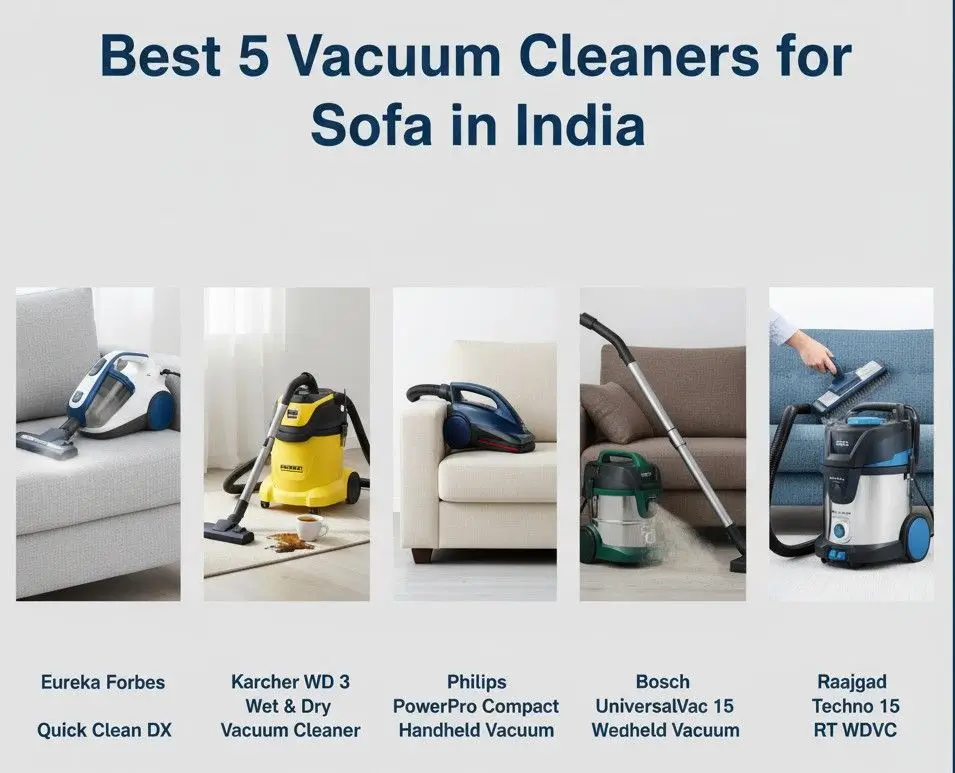 Infographic showing the best 5 vacuum cleaners for sofa cleaning in India, including Eureka Forbes Quick Clean DX, Karcher WD 3 Wet & Dry Vacuum Cleaner, Philips PowerPro Compact Handheld Vacuum, Bosch UniversalVac 15 Wet & Dry Vacuum Cleaner, and Raajgad Techno 15 RT WDVC.